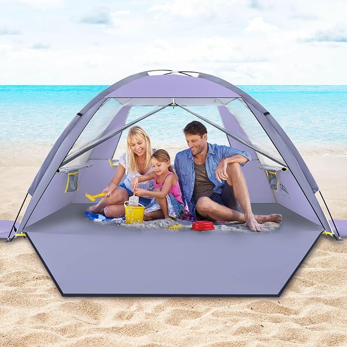 Happy Travel Beach Tent, UPF 50+ UV Protection Sun Shade Shelter for 3/4/5/6/7/8 Person, Portable Beach Canopy for Family & Baby, Lightweight & Easy Setup Beach Cabana with 3 Ventilation Mesh Windows by HappyTravel