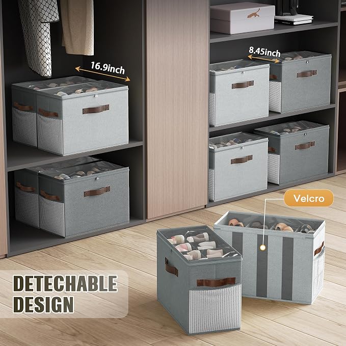 2 Pack Shoe Organizer for Closet, Foldable Shoe Storage with Adjustable | Farbic shoe storage organizer box bin with clear cover, fits up to 16 pairs, shoe storage box for closet, entryway, gray - Image 4
