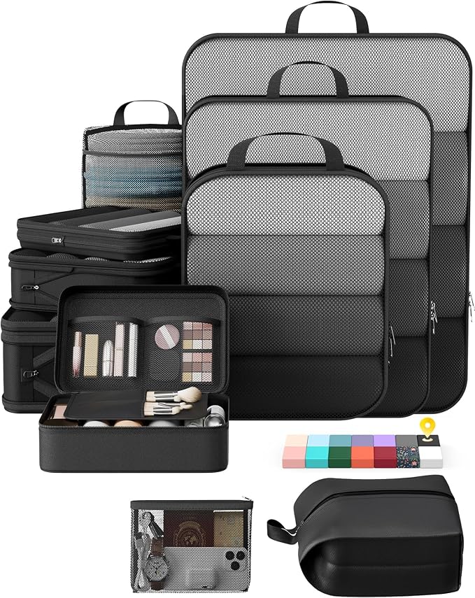 Veken 10 Set Compression Packing Cubes Garment Bags for Travel Essentials,Compressible Expandable Luggage Organizer Bags for Clothing,Space Saver Bags with Over 1000 pcs of Mesh Holes(Black) by Veken
