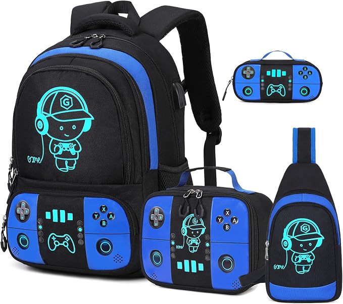 Bevalsa Backpack for School Boys, Cool Luminous Gamer Boys Schoolbag with Sling Bag,Lunch Box & Pencil Case for Kids Children Teens Elementary Middle School(Blue Backpack with Shoulder Bag) by Bevalsa