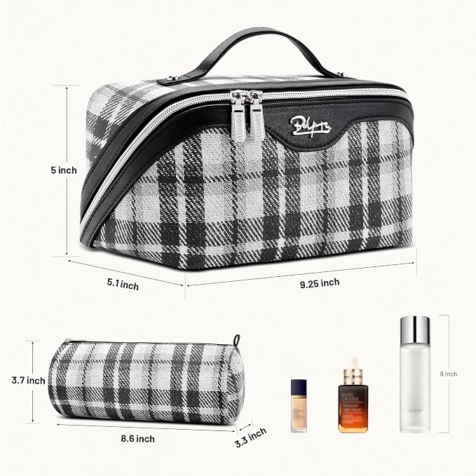 BOYATU Travel Makeup Bag for Women: Scottish Plaid 3 Pcs Set Cosmetic Organizer Bag - 180° Open Large Spacious Holds 50% More Cosmetics - Waterproof Leather Checkered Toiletry Bag (01-Black) - Image 2