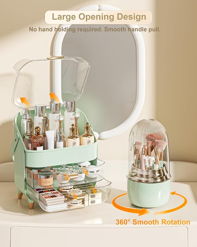 Makeup Organizer Countertop, Skincare Holder Bathroom Counter Organizer, Storage Box Cosmetic Display Cases, Teen Girl Gifts Make up Organizers (Green/Brush) - Image 5
