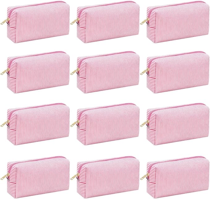 12 PACK Makeup Bags-Bulk Seersucker Cosmetic Bag for Women Bridesmaid Gifts Makeup Pouch for Wedding Party Favors Bachelorette Party Decorations Travel Toiletry Organizer Graduation Gifts(12, Pink) by Home