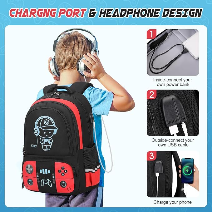 Bevalsa Backpack for School Boys, Cool Luminous Gamer Boys Schoolbag with Lunch Box & Pencil Case Set for Kids Teens Elementary Middle School, Bookbag Glow In The Dark(Red Backpack) - Image 5