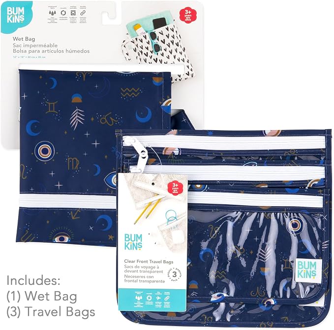 Bumkins - Waterproof Wet Bag & Clear Travel Bags - For Beach, Baby, Travel, Swim Suit, Cloth Diapers, Pump Parts, Pool, Gym, Toiletries - Reusable & Easy to Clean - Evil Eye - 4 Pack - Image 7