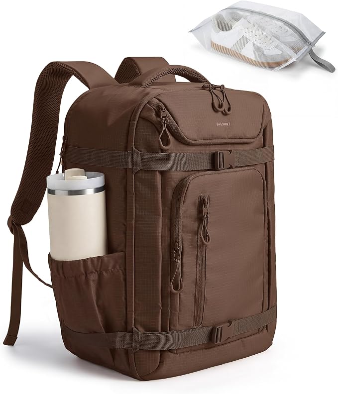 BAGSMART 35L Travel Backpack for Women & Men Fits 17-Inch Laptop, Airline Approved Carry On Backpack with Wet Pocket & Shoe Pouch, Water-Resistant Personal Item Travel Bag, Coffee by BAGSMART