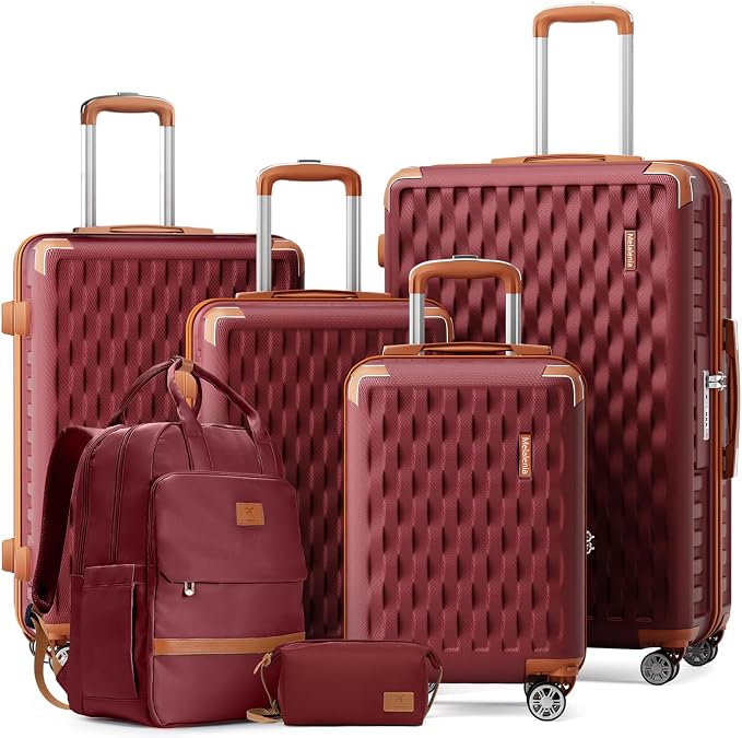 Melalenia Suitcase Sets 6 Piece Hard Shell Carry on Luggage with Spinner Wheels and TSA Lock, Lightweight Travel Backpack for Women, Men, Red Brown by Melalenia