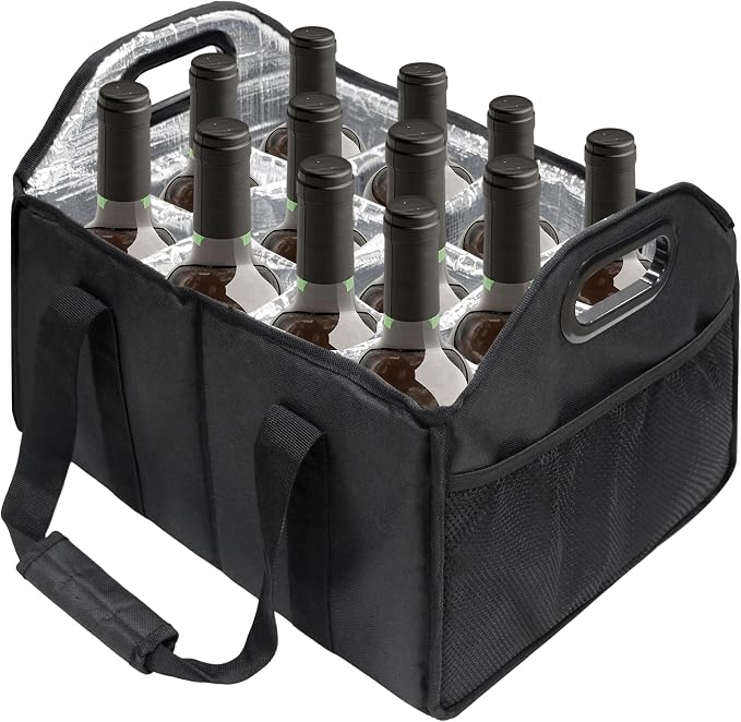12 Bottle Wine Carrier Collapsible Bottle Caddy with Handles Storage Box for Travel Picnics Weddings Shopping Wine Tasting (Black) by JLDTOP