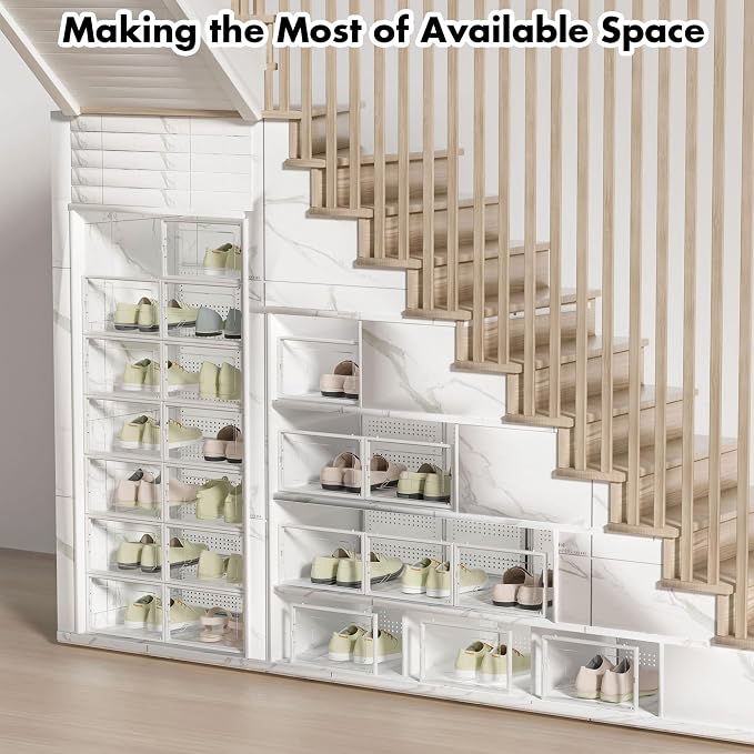 Foluck Shoe Storage Box, 15 Pack Clear Plastic Stackable Organizer for Closet, Interlocking Design Shoes Container Bins for Sneakers, Foldable Shoe Rack with Lids, White - Image 7