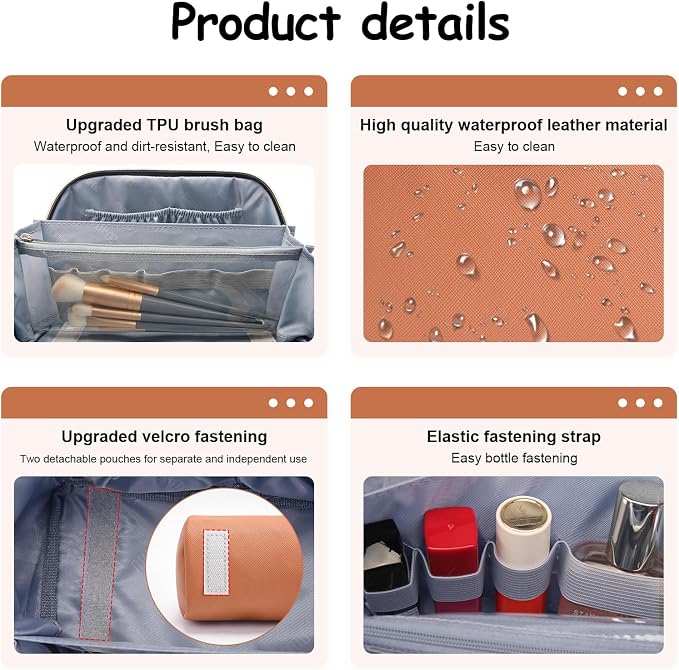 BOYATU Travel Makeup Bag Organizer Cosmetic Bag: 3 Pcs Set Make up Bags for Women with Handle - Waterproof Vegan Leather Toiletry Bags Travel Essentials Pouch with Compartments (C-02-Brown) - Image 5