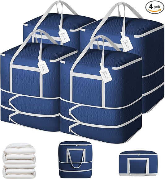 Comforter Storage Bag - 120L Bedding Storage Bags for Moving Closet, Washable Blanket Storage Bag, Ultra Space Saving Self Compression Organizer, 4-Pack, Navy Blue by EasortmPackingCubes