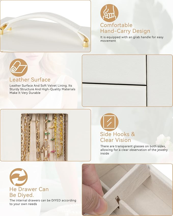 AKOZLIN 6-Tier Jewelry Box Organizer Functional 5 Drawers Leather Jewelry Storage Case for Women Girls Ring Necklace Earring Bracelet Holder Organizer with Mirror XL White 360° Rotating - Image 7