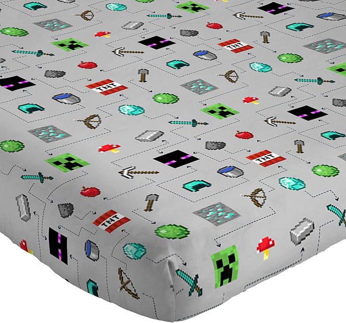 Jay Franco Kids Sheet Set with Fitted, Flat Sheets & Pillow Cover - Ultra-Soft Bedding with Pillowcase for Room Decor, Gray - Minecraft, 4 Piece Queen - Image 5