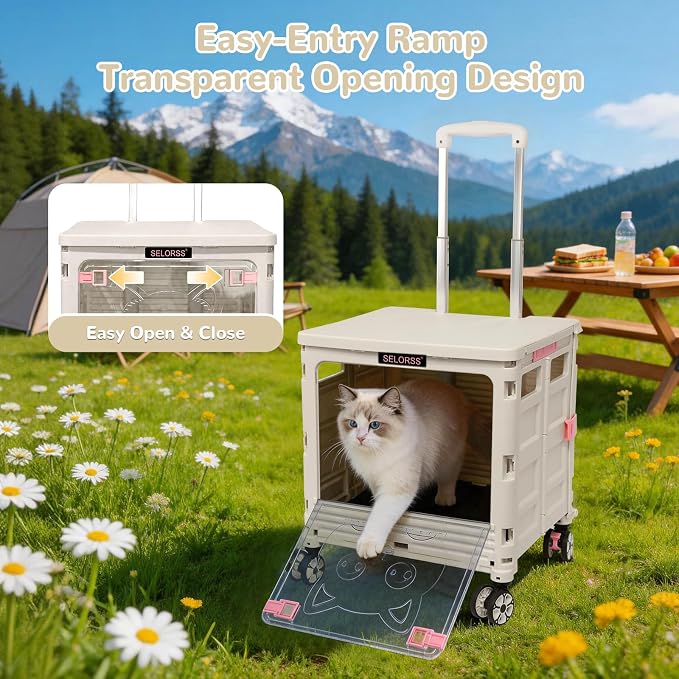 FELICON SELORSS Folding Utility Cart Portable Rolling Crate Handcart-Gray | Magnetic Sliding Lid+Lockable Transparent Front Panel,Telescoping Handle,4 Swivel Wheels Tote for Travel Shop Office Teacher - Image 2