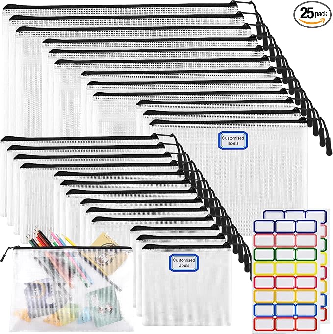 25pcs Multisize Mesh Zipper Pouch Bags, Waterproof Zipper Bag, 8 Sizes Waterproof Plastic Document Pouch, Bags for Travel Storage, Office Supply and Home Organize by YOPCDJ