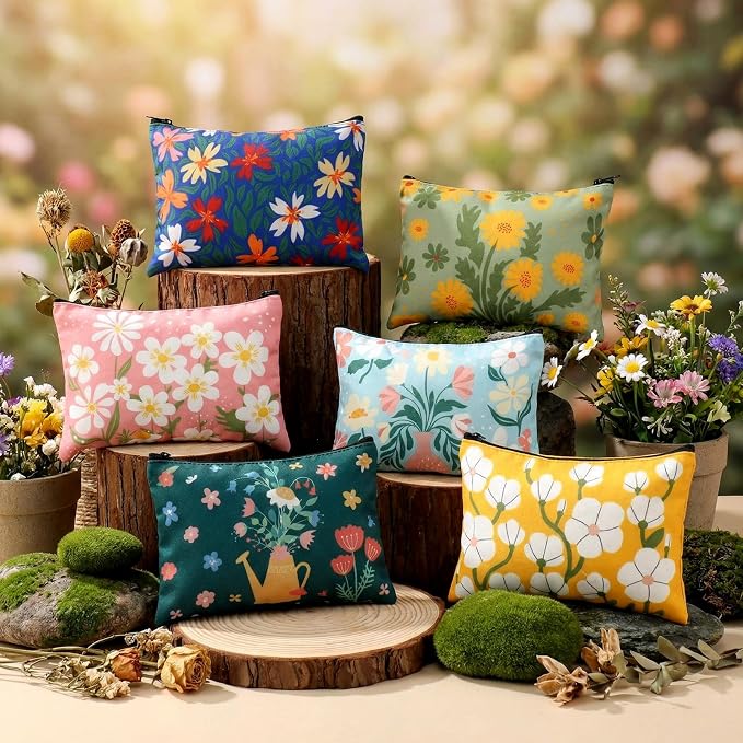 Sweetude 12 Pcs Colorful Flower Makeup Bags Bulk Portable Travel Cosmetic Bags with Zipper Watercolor Floral Waterproof Roomy Travel Toiletry Organizer Storage Pouch for Women Gifts - Image 2