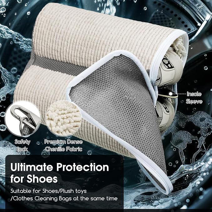 Shoe Washing Machine Bag, Dual Compartment Full Protection Laundry Shoe Bags for Washer with Clasp-Lock Zipper, Sneaker Cleaner Wash Bag for Tennis Shoes, Beige/Gray, 2-Pack - Image 4