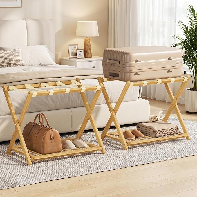 Fully Assembled Luggage Rack Set of 2 for Guest Room, Bamboo Suitcase Stand with Foldable Storage Shelf, Crossed Nylon Straps Folding Luggage Holder for Bedroom and Hotel, Natural by Alifewithtasteandstyle