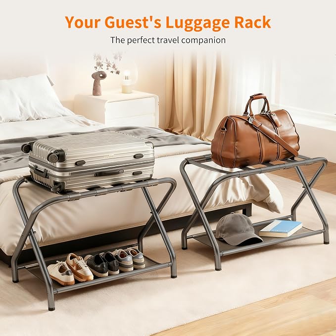 Heybly Luggage Rack for Guest Room, Pack of 2, Steel Folding Suitcase Stand with Storage Shelf for Bedroom, Hotel, Foldable Steel Frame, Guest Room, 26.2" L x 14.4" W x 20.5" H, Gray HLR004G2 - Image 2