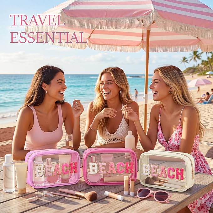 Kacctyen 10 Pcs Beach Clear Makeup Bags with Zipper in 5 Assorted Colors, Chenille Letter Sunscreen Bags Bulk, Waterproof Clear Toiletry Bag for Women Beach Pool Trip & Summer Birthday Party Favors - Image 5