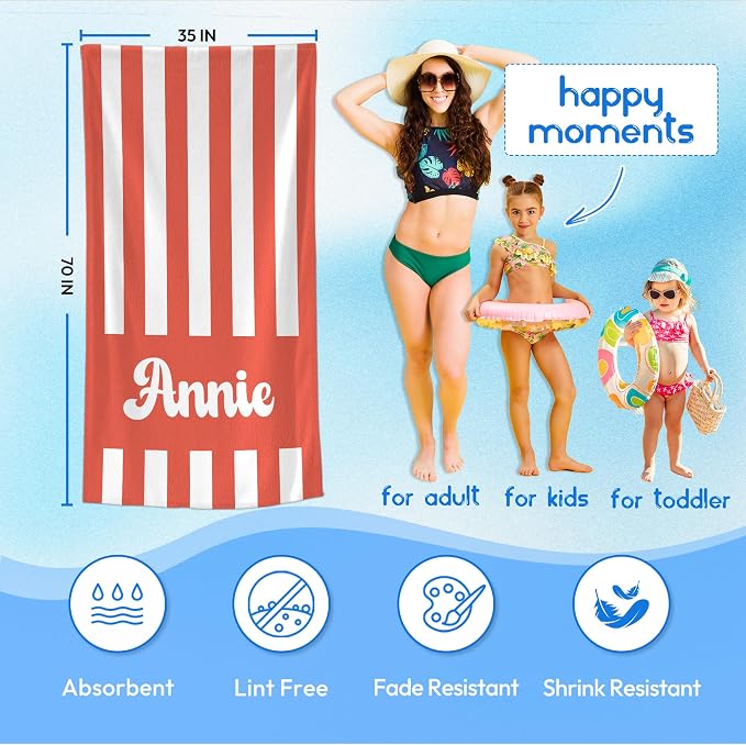 JML Personalized Beach Towel with Name, Custom Cabana Stripe Beach Towel, Customized Microfiber Pool Towel, Quick Dry & Absorbent Swim Towel for Adult,Mother's Day, Birthday, Summer Holiday,Vacation - Image 3