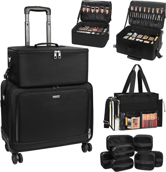 TANTO Rolling Makeup Bag, Cosmetology Case on Wheels Travel Makeup Tote Bag Pro Makeup Artist Bags 3 in 1 Extra Large Cosmetics Organizer Case with 360° Swivel Wheels and Adjustable Dividers by TANTO