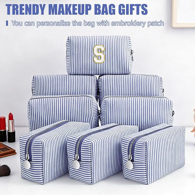 Giesiery 8 Pcs Seersucker Makeup Bags Striped Cosmetic Bags Bulk Organizer for Women Preppy Travel Toiletry Pouch for Wedding Bridesmaid Gifts (Navyblue, Medium) - Image 4