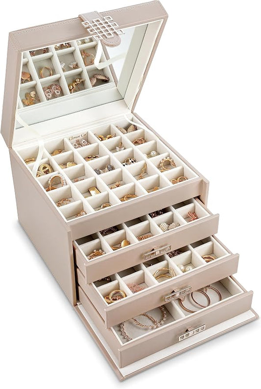 Glenor Co Earring Organizer Holder - 75 Small & 4 Large Slots Classic Jewelry Box with Drawer & Modern Closure, Mirror, 4 Trays Earrings, Ring or Chain Storage - PU Leather Case - Sand by GlenorCo