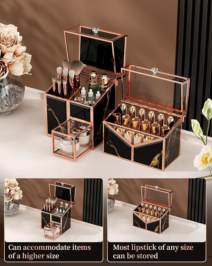 CoralHouse black makeup organizer – Vanity Holder with 18-Slot Lipstick Organizer & Covered Makeup Brush Holder – Skincare, Perfume & Cosmetic Display for Bathroom or Dresser - Image 5