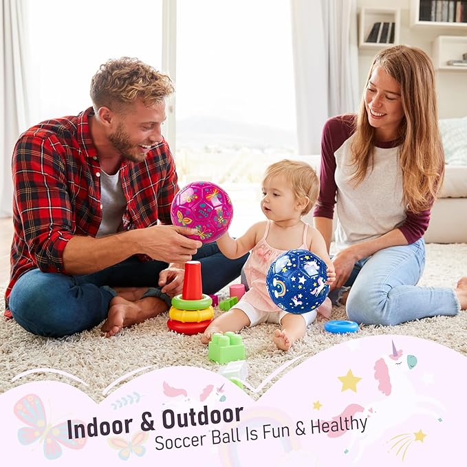 ZOOJOY Soccer Ball Size 2, 2 Pack Cartoon Ball with Pump Mesh Bag, Butterfly & Unicorn Toddler Girls Toys for 1 2 3 4 5 6 Years Old, Christmas Girls Boys Gifts for Indoor Outdoor Play Balls