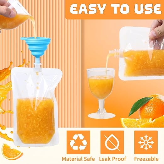 Patelai 150 Pieces Plastic Liquid Pouch Reusable Juice Pouches Travel Water Leak Proof Bags Bulk with Collapsible Silicone Funnel for Travel Outdoor (16 oz) - Image 3