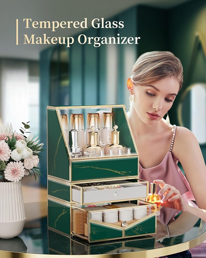Youdepot Extra Large Glass Makeup Organizer with Drawers | Stackable, For Vanity Table & Bathroom Countertop, Cosmetic & Jewelry Storage, For Skincare, Lipsticks, Perfume, Brushes - Image 3