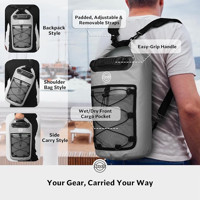 STOVER 5/10/25/30/40L Waterproof Dry Backpack & Phone Case- Large Floating Dry Bag for Kayaking, Travel, Hiking, Fishing, Camping, Motorcycles & Beach, Heavy-Duty Roll Top Men/Women (Grey) - Image 3
