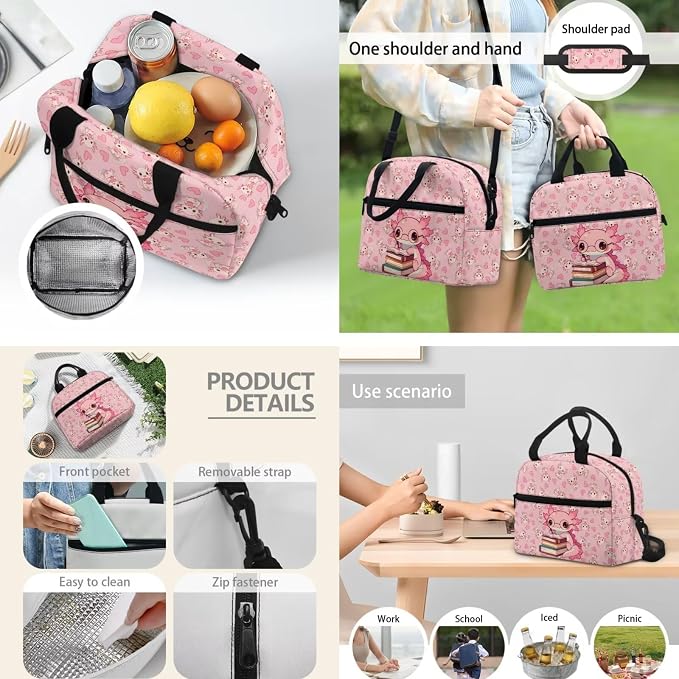 Axolotl Book Backpack for Kids, Girls Cute Backpack School Bookbags with Insulated Lunch Box Pencil Case 3 in 1, Lightweight Backpack for Travel - Image 3