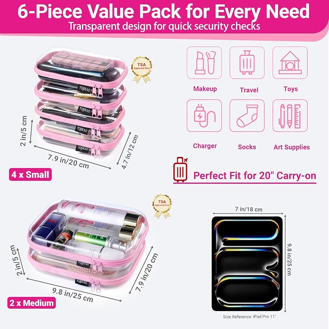 6 Pack Pink Clear Hard Shell Beauty Organizer (2M+4S), 1.2mm Heavy Duty Crush-Proof Cosmetic Case, Reinforced YKK Zippers, Stadium Approved Security Bag for Skincare & Electronics, Multi-Size Set - Image 4