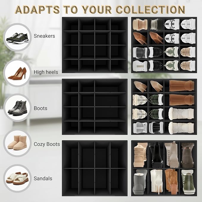 2 Pack Shoe Organizer for Closet, Foldable Fabric Shoe Storage Box with Adjustable Dividers and Clear Dustproof Cover, Large Collapsible Shoe Bins & Containers, Holds up to 32 Pairs, Gray - Image 4