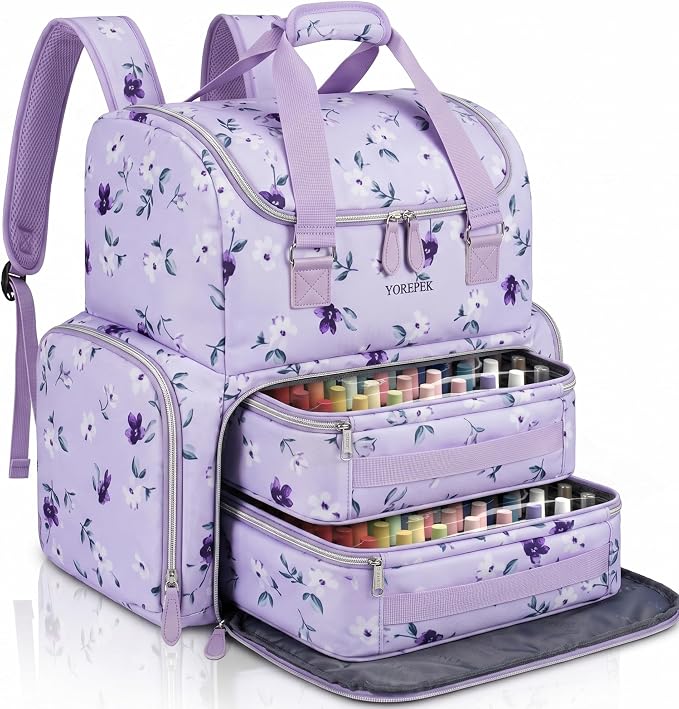 YOREPEK Travel Nail Supplies Organizer Backpack, Holds 96 to 100+ Bottles | Large Nail Tech Bag for Supplies & UV Lamp, Purple Floral Nail Organizers and Storage for Manicurist, Lavender Bloom by YOREPEK
