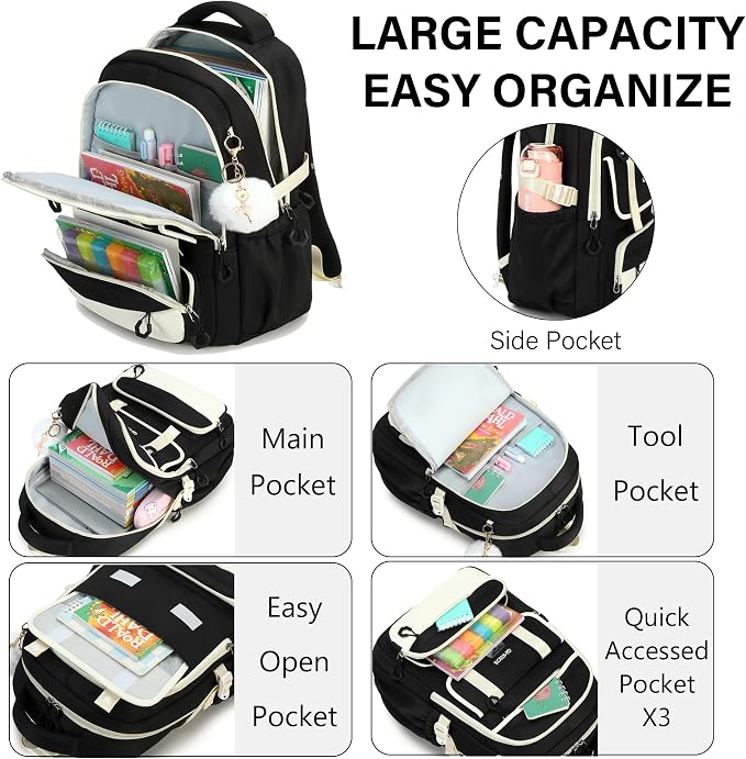 School Backpack for Girls, 3PCS Laptop Backpack 15.6 Inch with Lunch Box Pencil Pouch Set for Kids Teens Elementary Middle High School College Bookbag Student Casual Travel Daypack,Black Beige - Image 3