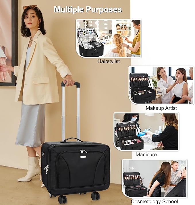 MONSTINA Rolling Makeup Train Case, Cosmetology Case on Wheels Makeup Artist Bag Professional Cosmetics Beauty Hairdresser Bag Hairstylist Cosmetic Bag with 4 Bags Extra Large Makeup Bag with Wheels - Image 5