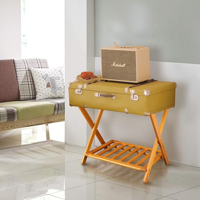 Casual Home Foldable Solid Wood Fully-Assembled Luggage Rack, 26.75"Wide with Shelf, Honey Oak - Image 2