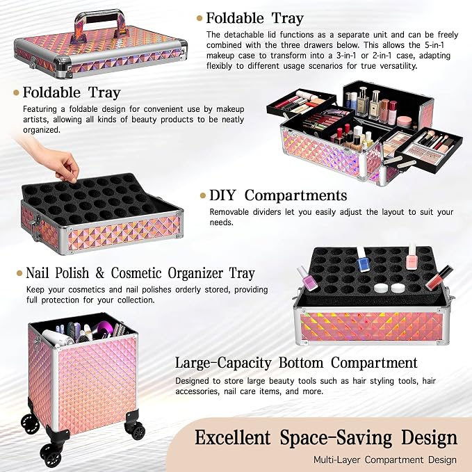 5 in 1 Rolling Makeup Train Case on Wheels Large Cosmetic Organizer Travel Cart for Women Beauty Salon Barber Hairstylist Pink - Image 5