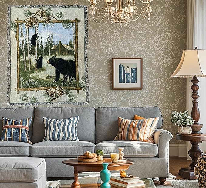 Log Cabin Bear Family Woven Tapestry Throw Blanket Wall Hanging Art Handicrafts Jacquard Multipurpose Soft Travel Mat Outdoor with Fringe Tassels 50 X 60 Inches