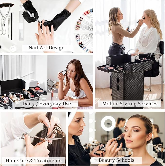 SHOWERSAFE 4 in 1 makeup train case - Professional cosmetology case on wheels, Large Transformable Makeup Train Case & Barber Case, Portable rolling makeup case & Makeup Cart, Jet Black - Image 7