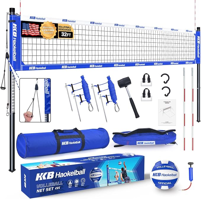 Haokelball Outdoor Volleyball Net Set for Backyard, 32FT Regulation, 3-Level Adjustable Height & Anti-Sag Tension System, Heavy Duty Thick Poles, Includes Volleyball, Pump, Boundary Line and Carry Bag by Haokelball