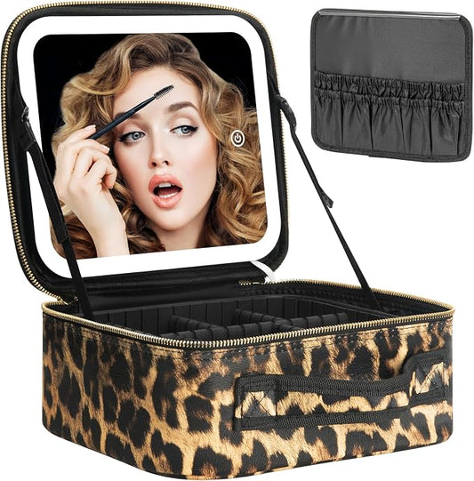Makeup Travel Train Case with Mirror LED Light 3 Adjustable Brightness Cosmetic Bag Portable Storage Adjustable Partition Waterproof Makeup Brushes Makeup Jewelry Gift for Women (Leopard Print) by Extrei+Gent