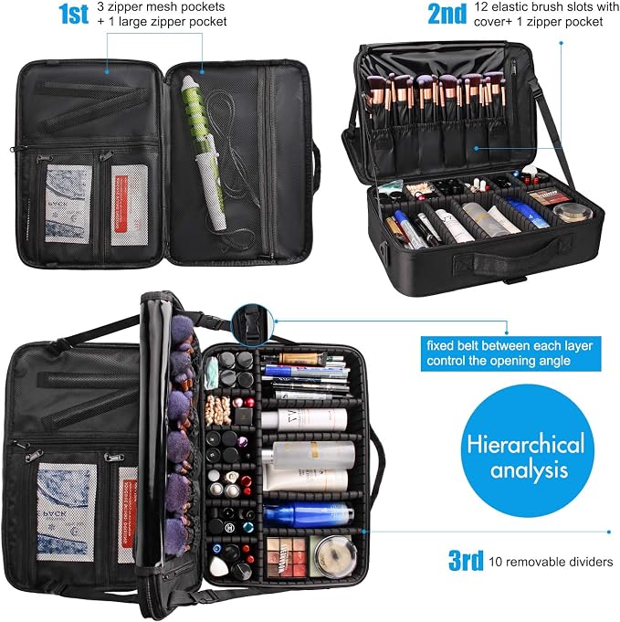 Relavel Makeup Case Large Makeup Bag Professional Train Case 16.5 inches Travel Cosmetic Organizer Brush Holder Waterproof Makeup Artist Storage Box, 3 Layer Large Capacity, with Adjustable Strap - Image 4