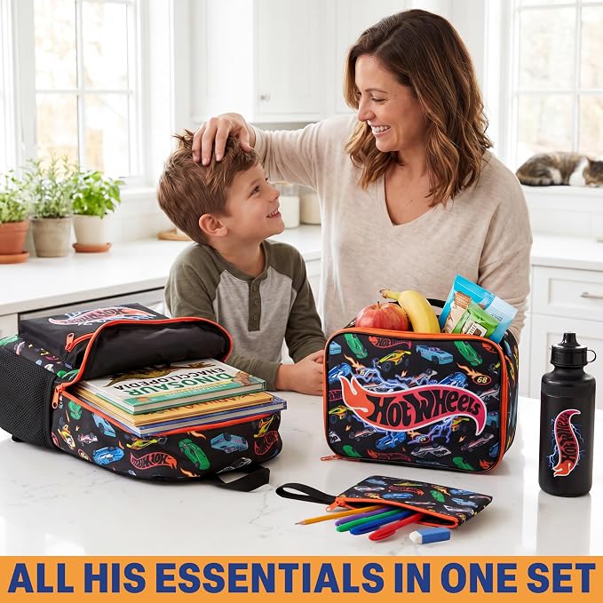 Get Trend Hot Wheels Boys Backpack 4 Piece Set | 18 In Bookbag with Insulated Lunch Bag, Pencil Case & BPA-Free Water Bottle, Adjustable Padded Straps, Gamer Gifts for Boys - Image 6