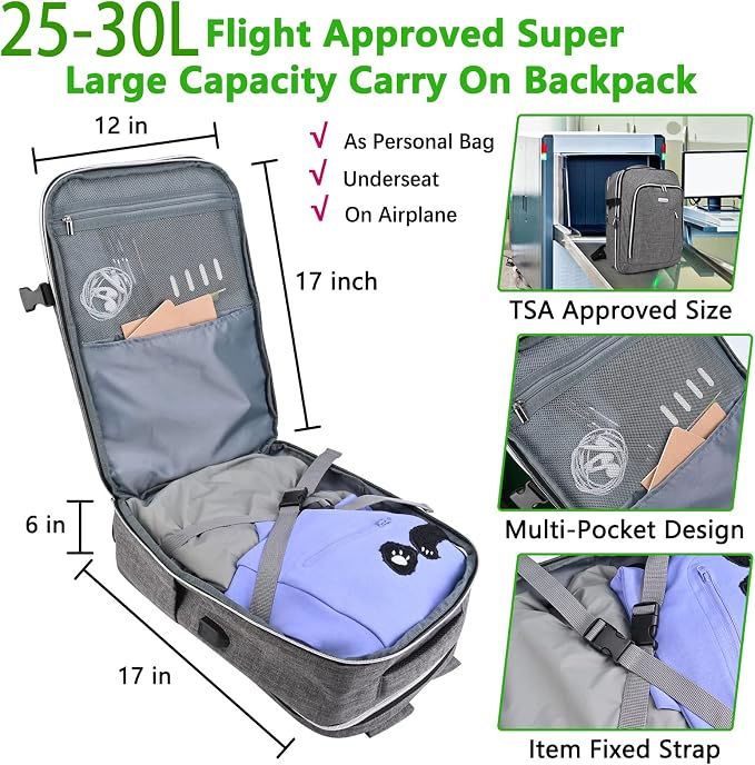 Personal Item Travel Carry On Luggage Backpack for Women Men Flight Approved Casual Weekender Laptop Bag for College Business Outdoors Hiking Water Resistant Lightweight Daypack with USB Charging Port - Image 3