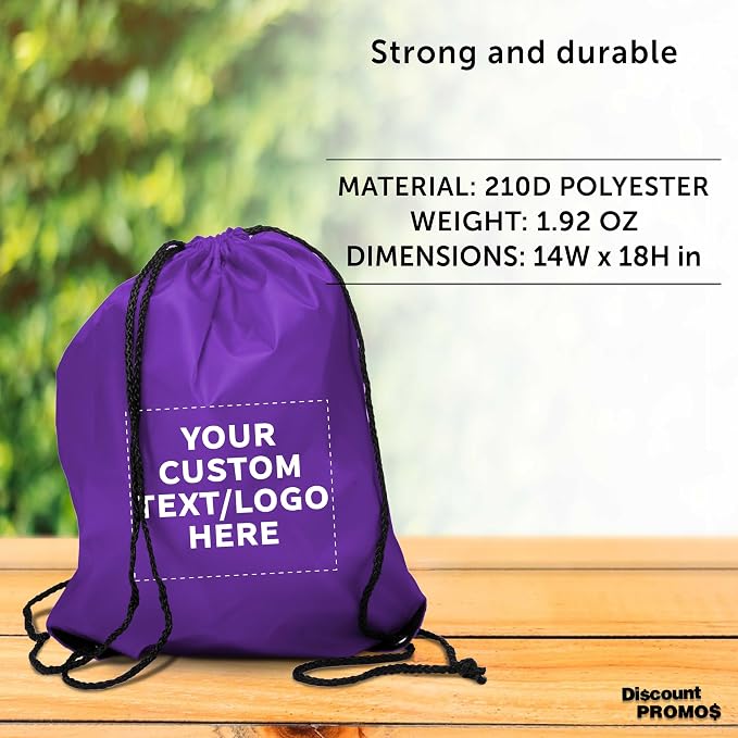 DISCOUNT PROMOS Custom Black Trim Drawstring Backpacks Set of 10/50/100, Personalized Bulk Pack - Gym Bag, Soccer Shoes, Water Resistant - Purple - Image 4