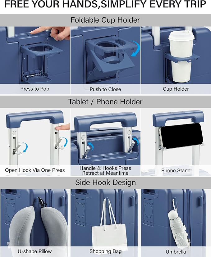 Hanke 20 Inch Expandable Carry On Luggage with Cup Holder 22x14x9 Airline Approved, Top Opening Hard Shell Suitcases with Wheels, Carry-On Travel Suitcase Trunk Luggage with Lock, Interstellar Blue - Image 2